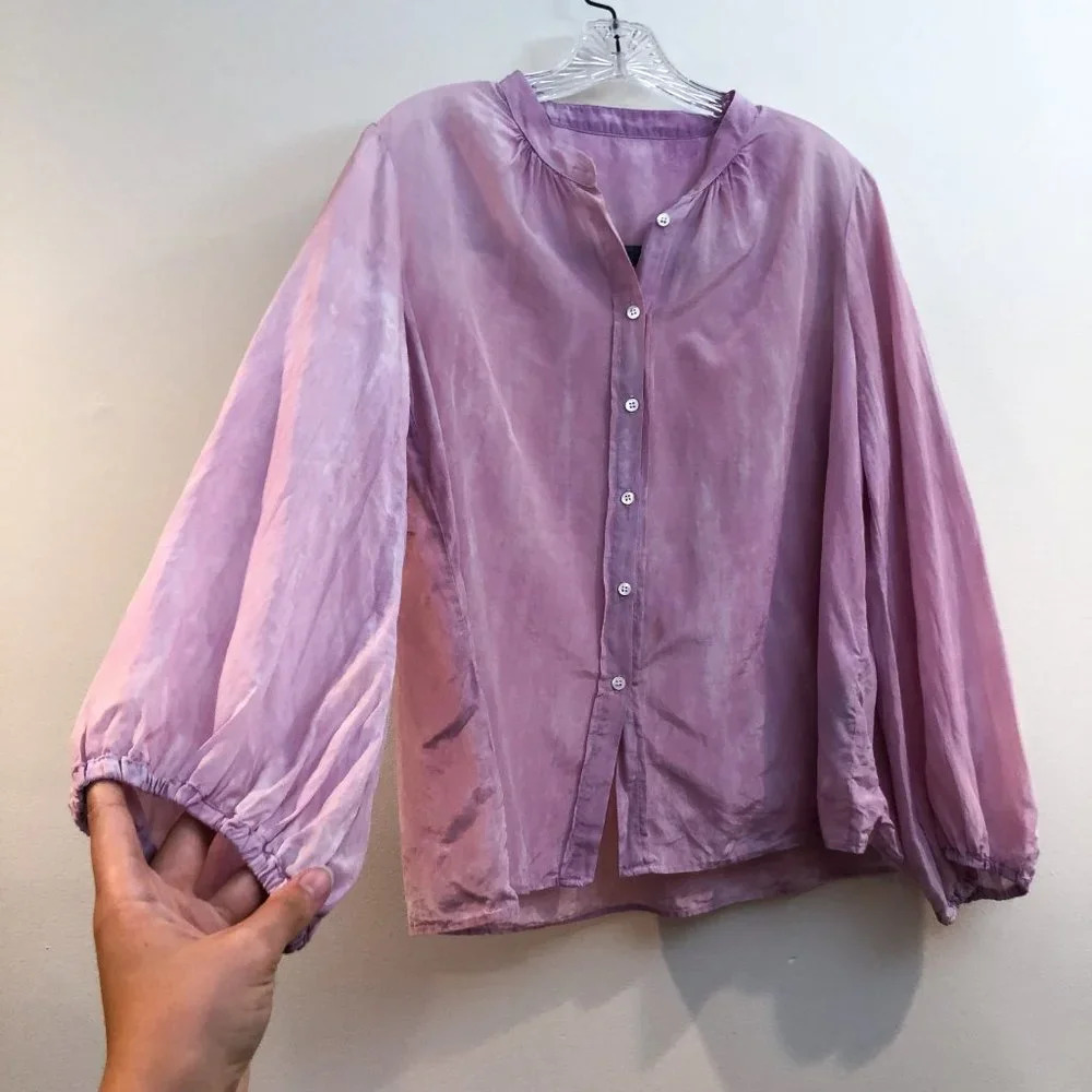 Raquel Allegra Silk Blend Pink Tie Dye Button Down V Neck Long Sleeve Blouse S - Picture 8 of 13